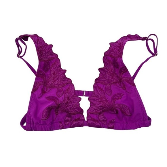 Fleur du Mal Purple Floral Lace Triangle Bikini Top Small